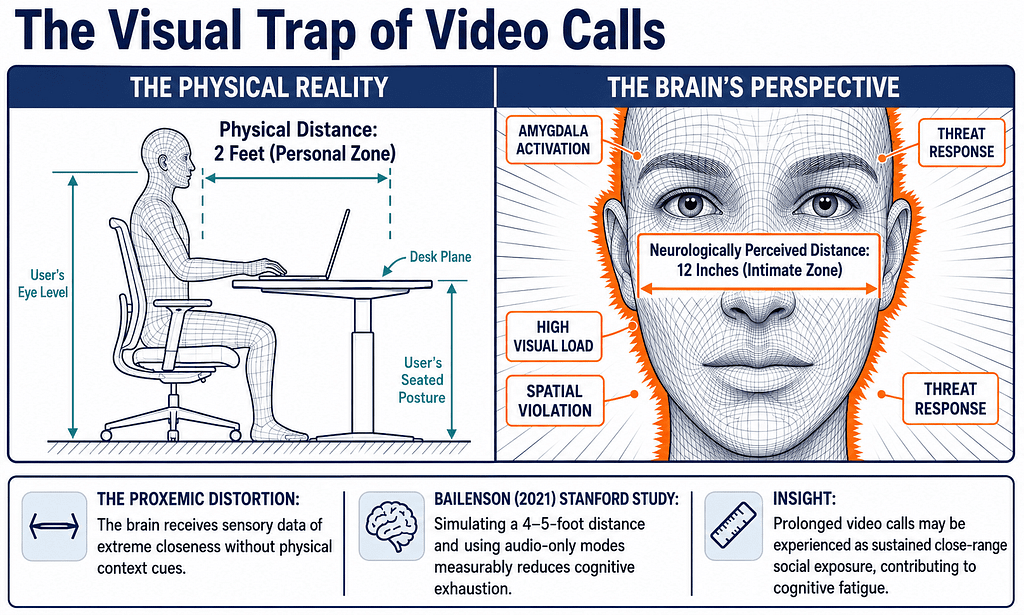 Proxemics illustration explaining Zoom fatigue, showing how video calls place faces within the brain's perceived intimate zone and increase cognitive load.