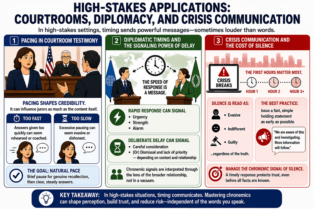 Chronemics in Courtrooms, Diplomacy, and Crisis Communication