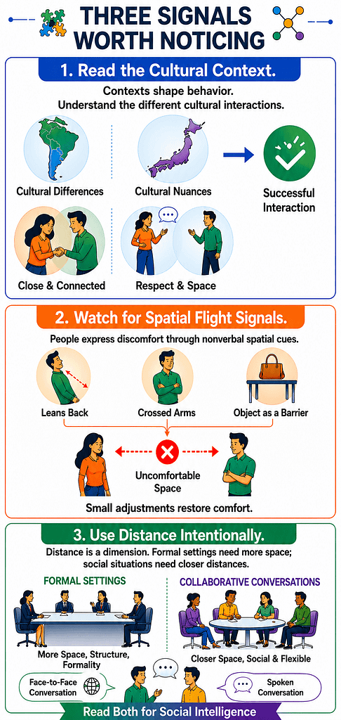 Proxemics infographic highlighting three spatial communication skills: understanding cultural context, recognizing personal space discomfort signals, and using distance intentionally.