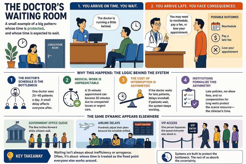 Chronemics illustrated through the doctor's waiting room and unequal waiting times